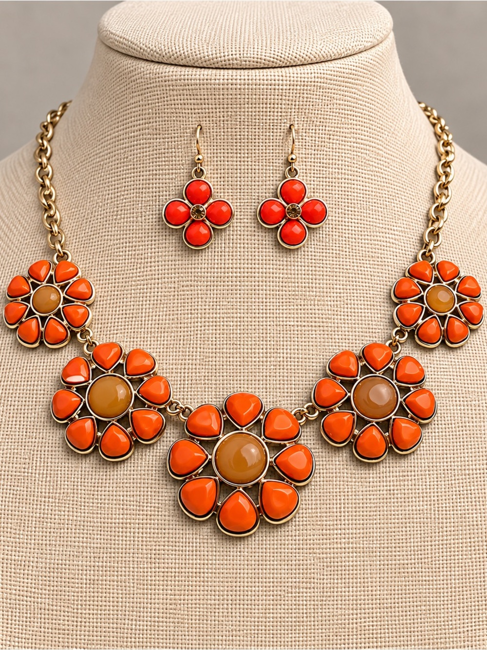 Orange Floral Statement Necklace & Earrings Set – Gold Tone